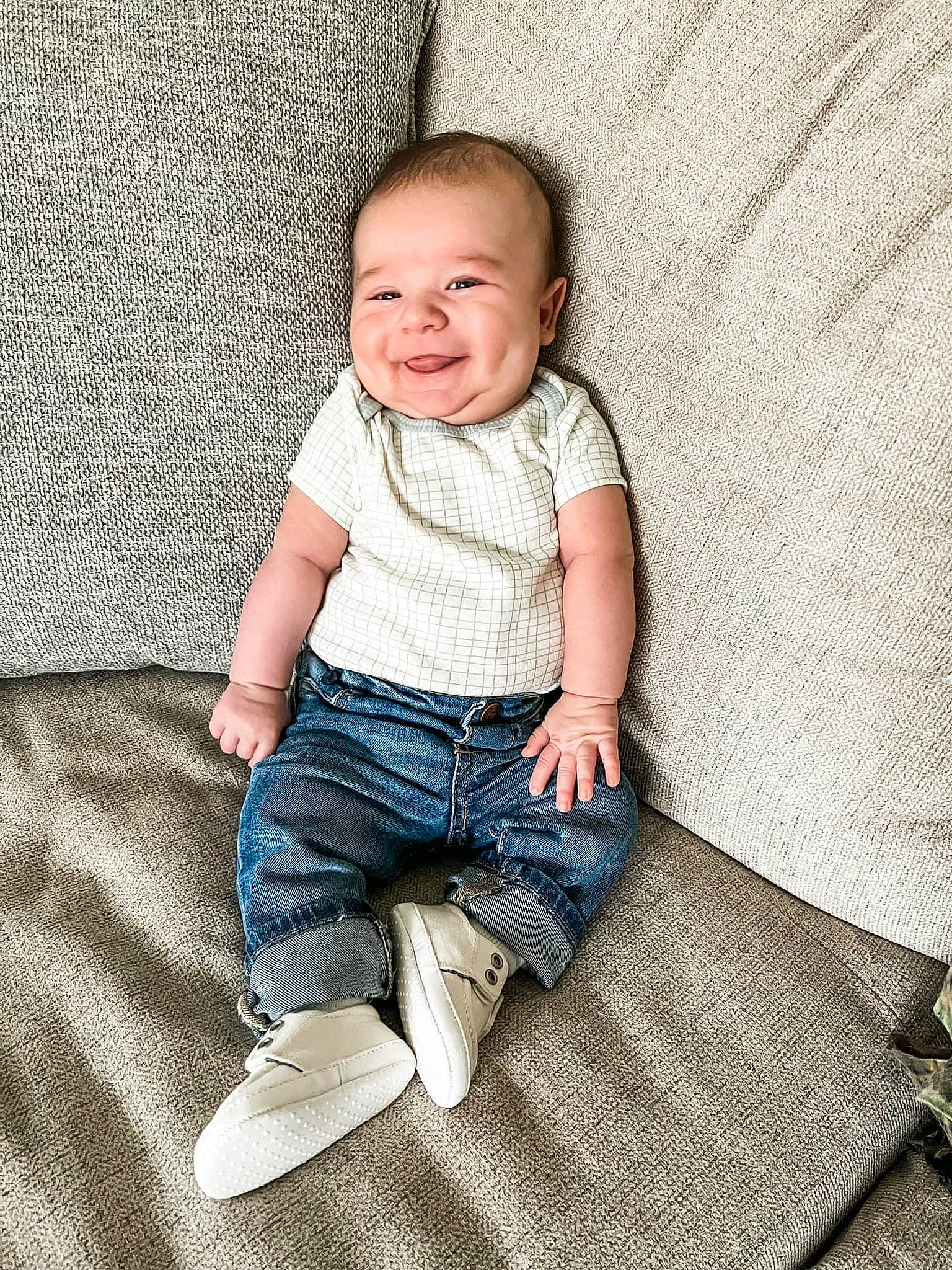 Hayes joined the competition — help win amazing prizes! baby, baby_toddler_clothing, child, collar, comfort, denim, dress_shirt, electric_blue, happy, head, jeans, joy, pattern, person, product, sitting, skin, sleeve, smile, standing