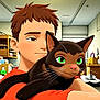 cartoon, animated, boy, cat, black_cat, green_eyes, indoor, kitchen, digital_art, character, animation, holding, pet, feline, brown_hair, calm_expression, whiskers, pink_nose, room, furniture