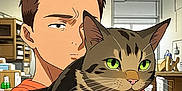 Daisy Mae joined the competition — help win amazing prizes! anime, illustration, cat, tabby_cat, green_eyes, young_man, indoor, room, holding, arm, clothing, short_hair, expression, furniture, shelf, window, domestic_animal, pet, portrait, calm