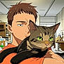 anime, illustration, cat, tabby_cat, green_eyes, young_man, indoor, room, holding, arm, clothing, short_hair, expression, furniture, shelf, window, domestic_animal, pet, portrait, calm