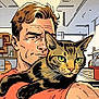 Daisy Mae is registered to the contest to win money with this photo: comic_style, illustration, man, tabby_cat, cat, indoor, room, shelf, green_eyes, serious_expression, holding, pet, animal, human, facial_features, hair, orange_shirt, feline, whiskers, background