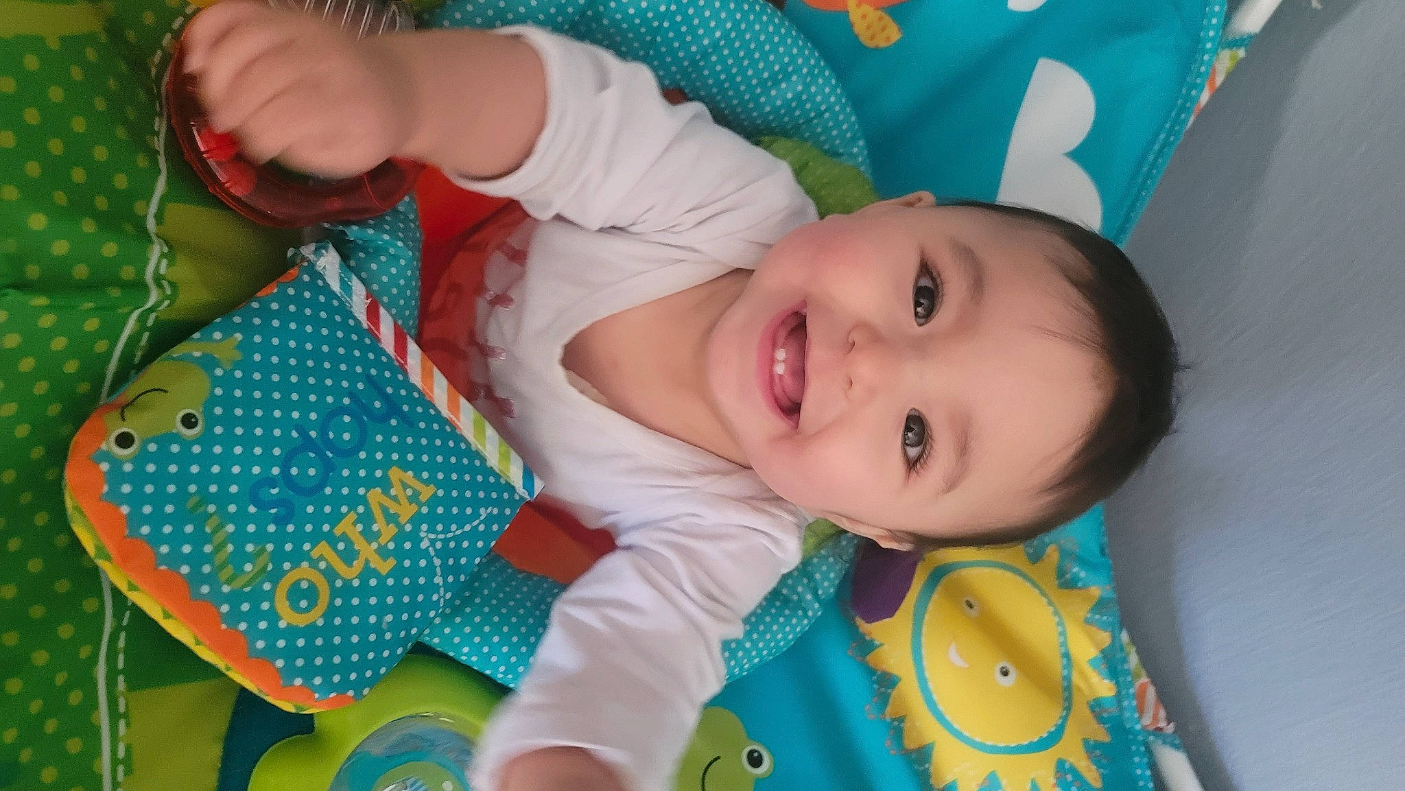 Edan joined the competition — help win amazing prizes! baby, baby_products, baby_toddler_clothing, blue, cheek, child, eye, fun, green, happy, iris, joy, mouth, nose, pattern, person, play, room, skin, smile