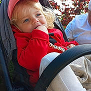 Louise a rejoint le concours — aidez-le/la à gagner de superbes lots ! toddler, child, stroller, red_sweatshirt, pink_cap, blonde_hair, blue_eyes, hand_in_mouth, outdoor, autumn_leaves, greenery, adult_partial, blanket, casual_clothing, daylight, portrait, cute, curly_hair, person, nature