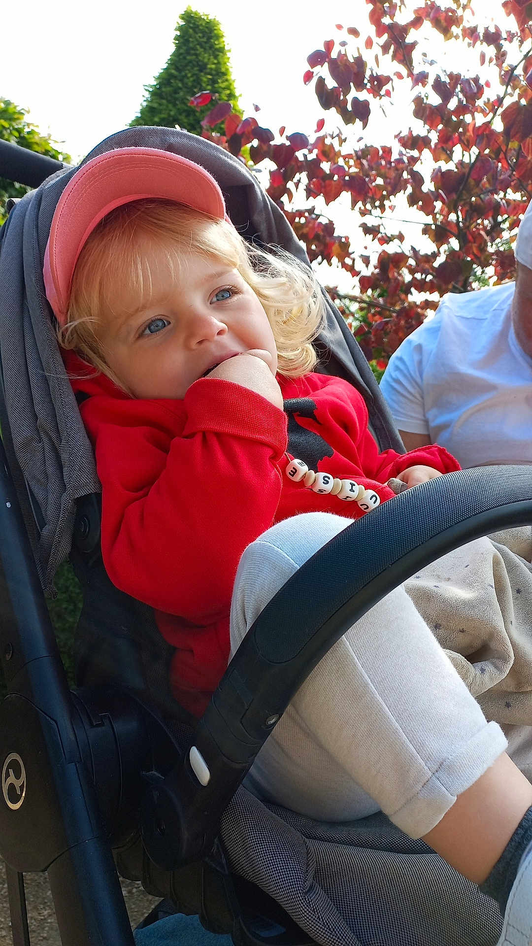 Louise a rejoint le concours — aidez-le/la à gagner de superbes lots ! toddler, child, stroller, red_sweatshirt, pink_cap, blonde_hair, blue_eyes, hand_in_mouth, outdoor, autumn_leaves, greenery, adult_partial, blanket, casual_clothing, daylight, portrait, cute, curly_hair, person, nature