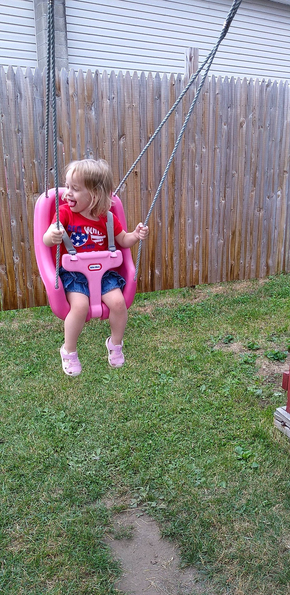 Micah is registered to the contest to win money with this photo: baby_toddler_clothing, child, fence, fun, grass, happy, home_fencing, lap, lawn, leisure, magenta, outdoor_play_equipment, people_in_nature, person, plant, playground, recreation, shorts, sitting, swing