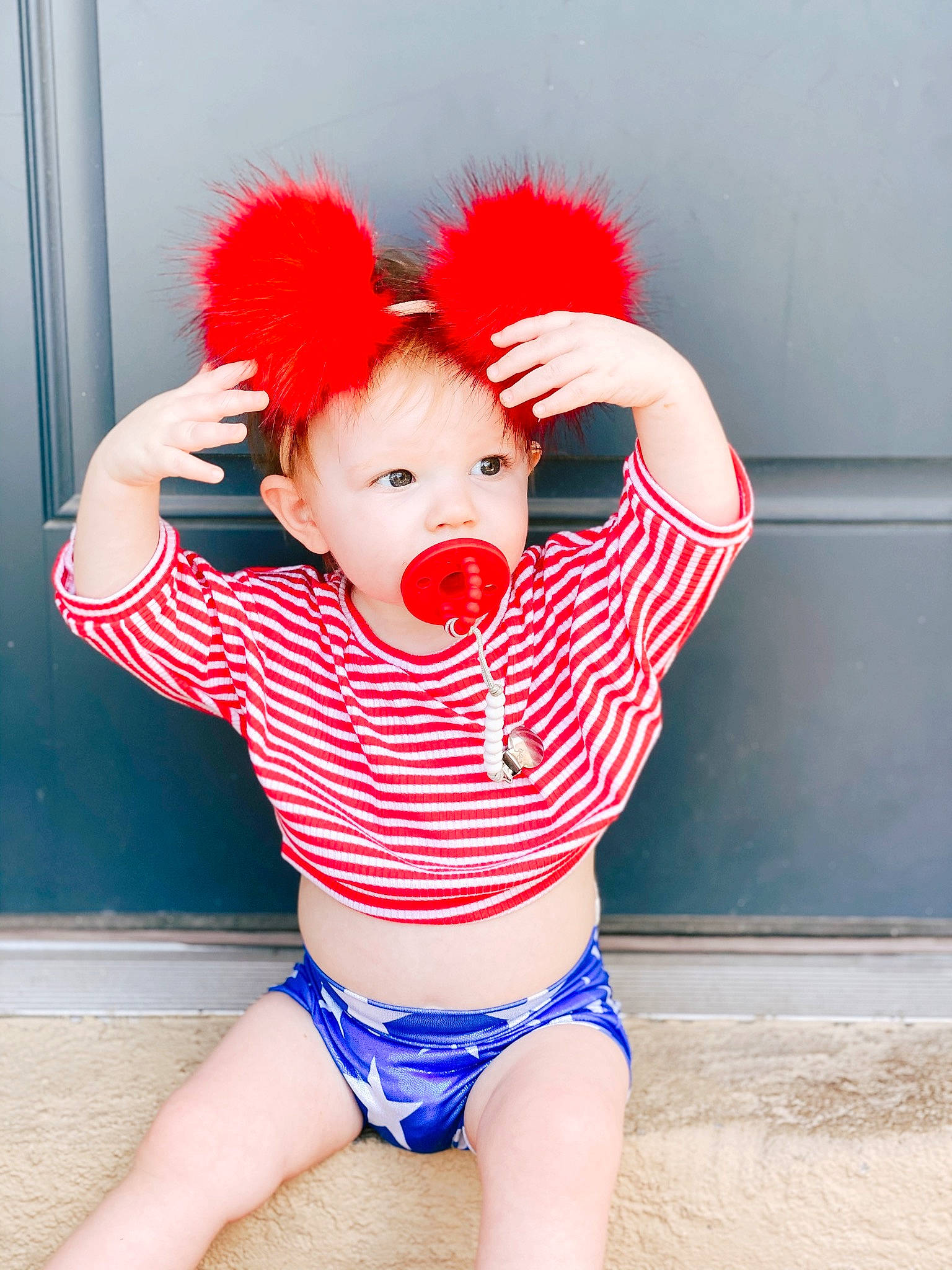 Mckinlee is registered to the contest to win money with this photo: abdomen, child, costume, design, flesh, human_leg, joint, leg, pattern, person, polka_dot, red, red_hair, smile, stomach, textile, thigh
