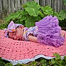 baby, child, closeup, colorful_clothing, cute, grass, green_leaves, headband, infant, nature, outdoor, peaceful, pink_blanket, portrait, purple_tutu, resting, sleeping, soft_texture, tulle, wooden_fence