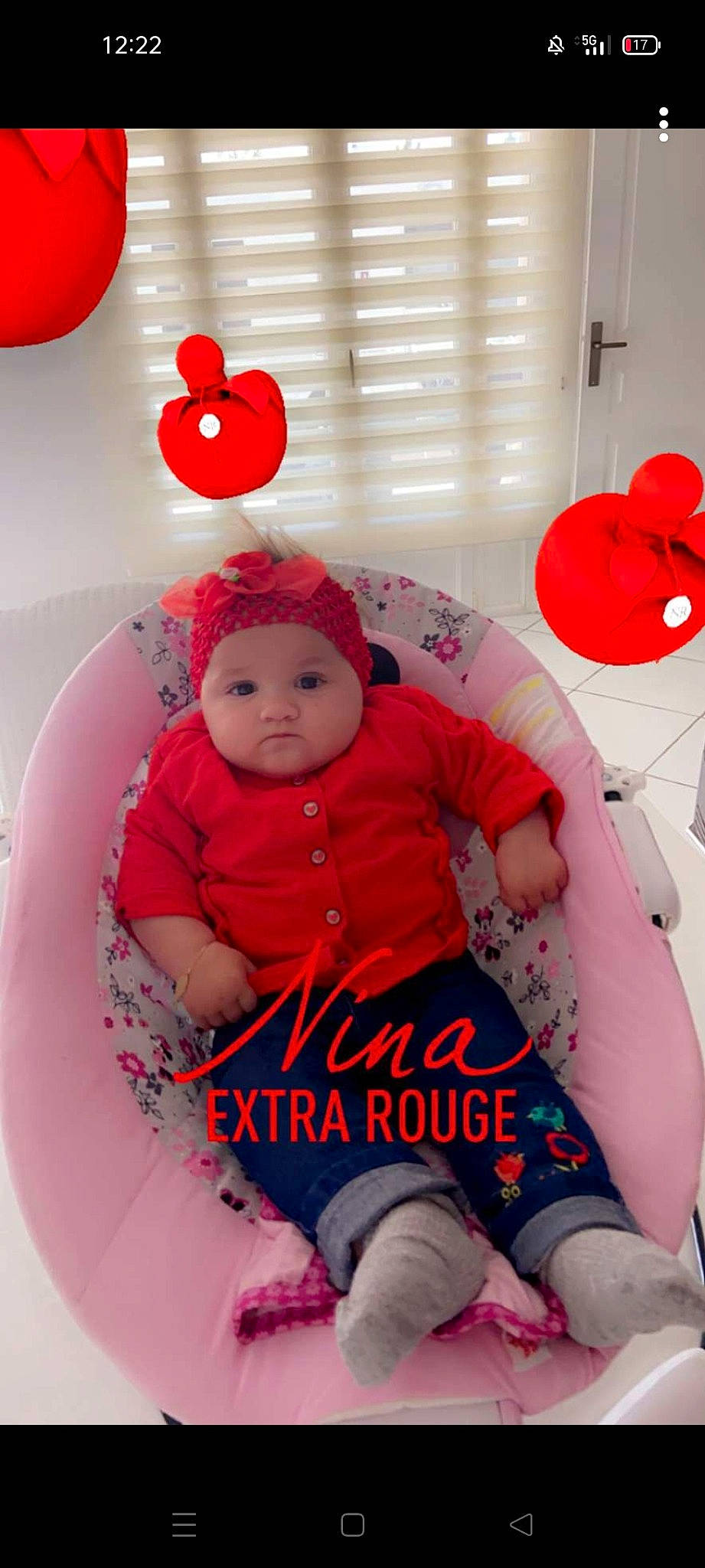 Ruby participe au concours pour gagner de l'argent avec cette photo : baby, baby_toddler_clothing, balloon, chair, comfort, event, font, happy, headwear, lap, magenta, organ, party_supply, person, pink, product, red, room, t_shirt, textile