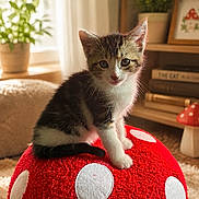 Vesper joined the competition — help win amazing prizes! kitten, cat, red_cushion, mushroom_shape, white_spots, indoor, home_decor, plant, bookshelf, soft_light, window_light, carpet, furniture, cute, pet, small_animal, curious, young_cat, feline, cozy