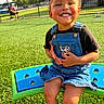 Nayana is registered to the contest to win money with this photo: toddler, child, smiling, outdoor, playground, seesaw, denim_overalls, black_shirt, green_turf, sunlight, happy, person, park, bench, fence, daylight, grass, cute, sitting, play
