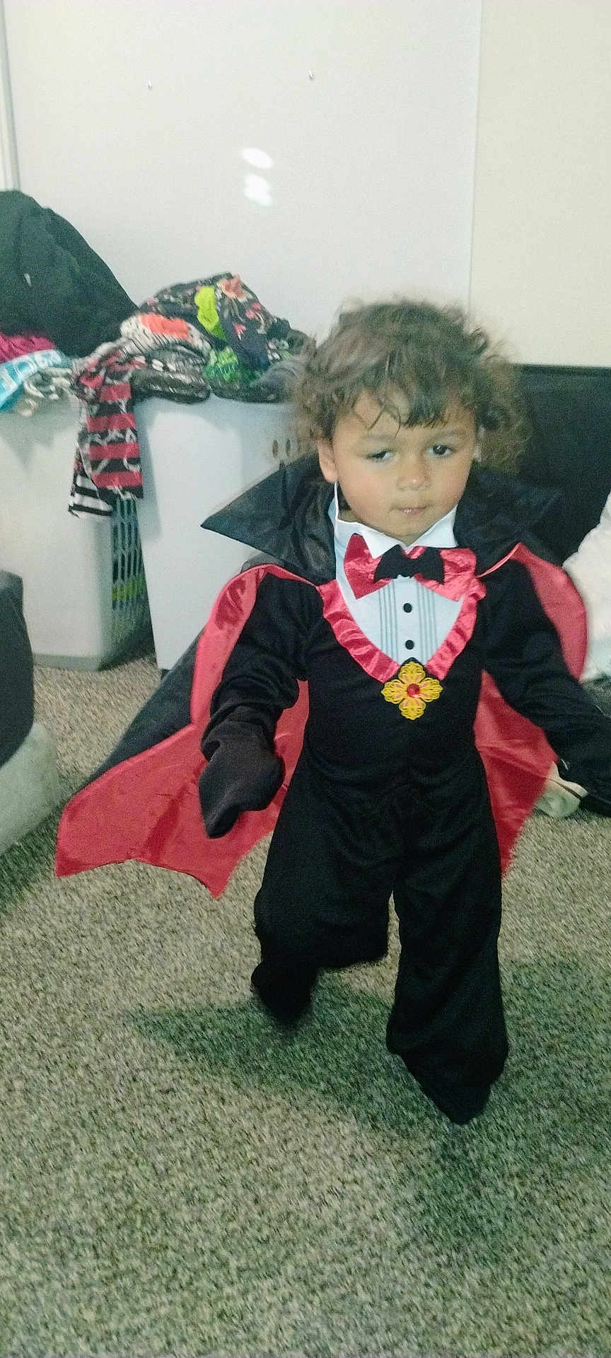 Tarious joined the competition — help win amazing prizes! child, costume, vampire, cape, indoor, carpet, laundry, clothes, person, portrait, cute, toddler, black_clothing, red_clothing, fun, holiday, party, dress_up, young_child, curly_hair