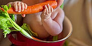 Ryker is registered to the contest to win money with this photo: baby, carrot, celery, child, cute, eating, expression, face, food, funny, hands, healthy, indoor, kitchen, onion, playful, portrait, pot, red_pot, vegetables
