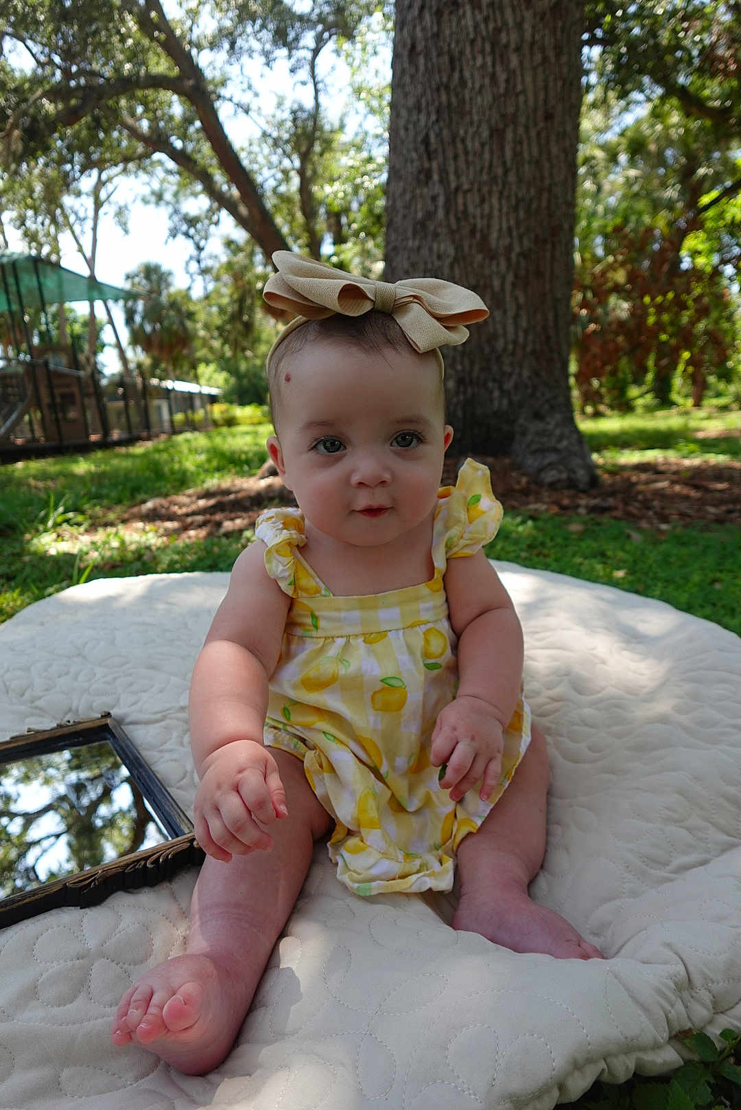 Selena joined the competition — help win amazing prizes! baby, infant, child, outdoor, nature, tree, grass, cushion, mirror, headband, bow, yellow_dress, sunlight, portrait, cute, sitting, greenery, reflection, summer, playful