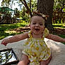 Selena joined the competition — help win amazing prizes! baby, child, smiling, outdoor, nature, tree, grass, blanket, mirror, playground, headband, yellow_clothing, happy, sitting, sunlight, park, infant, cute, summer, portrait