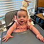 Selena joined the competition — help win amazing prizes! baby, child, high_chair, party_hat, pink_dress, smiling, happy, indoor, window_blinds, table, chair, face, person, furniture, tray, arm, hand, ribbon, bow, celebration