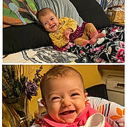 Sky is registered to the contest to win money with this photo: baby, infant, smile, laughing, cute, portrait, high_chair, couch, pillow, blanket, socks, clothing, vase, flowers, basket, home_interior, table, hand, face, cozy