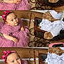baby, child, pink_dress, headband, bow, teddy_bear, doll_carriage, indoor, floor, carpet, wooden_floor, toy, smiling, sitting, cute, portrait, young_child, accessory, happy, person