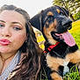 casual, closeup, collar, cute, dog, friendship, grass, happy, nature, outdoor, park, pet, playful, portrait, puppy, selfie, summer, tongue_out, trees, woman