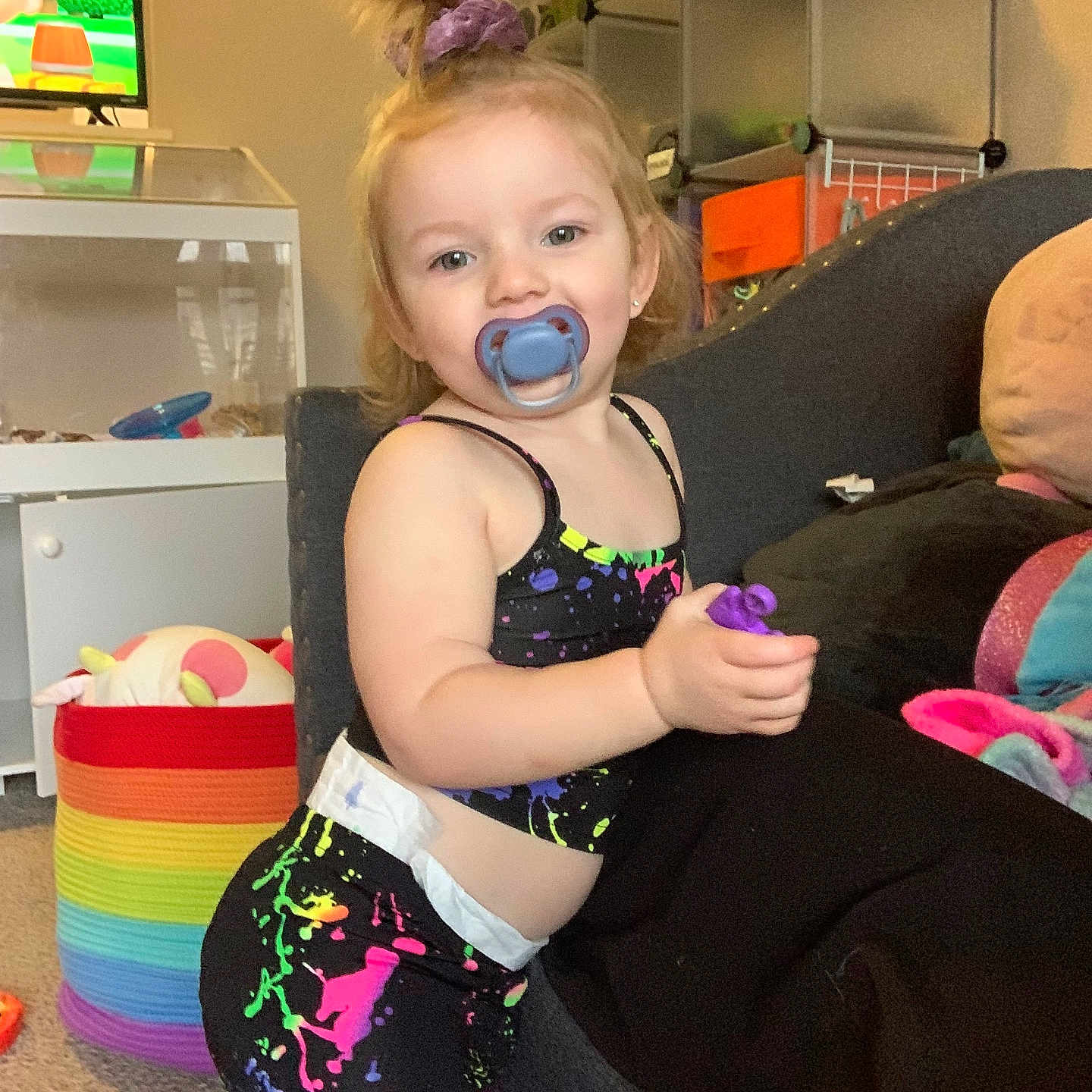Sadie joined the competition — help win amazing prizes! architecture, baby, building, computerhardware, couch, cushion, electronics, face, furniture, hardware, head, homedecor, indoors, livingroom, monitor, person, photography, portrait, room, screen