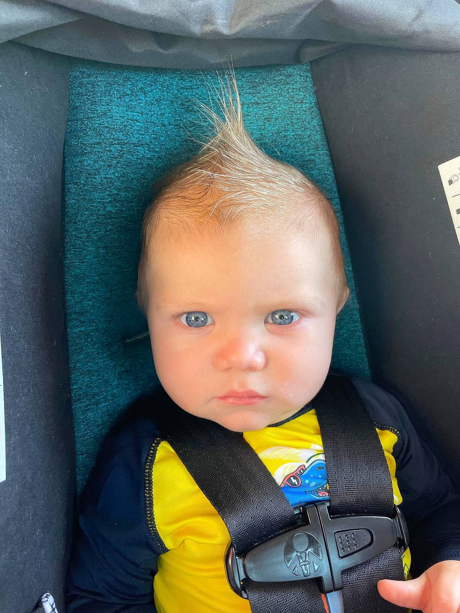 Aiyden is registered to the contest to win money with this photo: auto_part, azure, baby, baby_carriage, baby_products, baby_toddler_clothing, beauty, car_seat, cheek, child, comfort, electric_blue, fashion_accessory, head, head_restraint, person, personal_protective_equipment, seat_belt, sitting, toddler