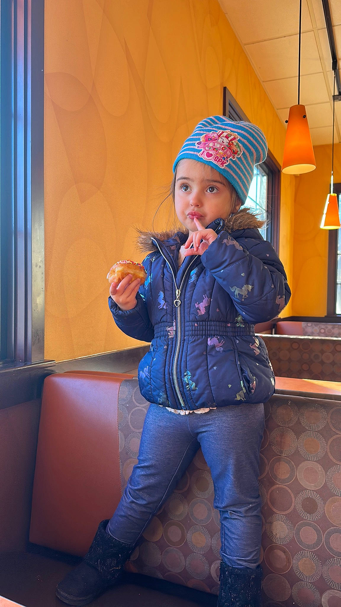 Sara joined the competition — help win amazing prizes! blue, cap, child, costume, curtain, denim, electric_blue, fashion_design, fun, happy, headwear, human_leg, leisure, magenta, person, personal_protective_equipment, purple, room, sitting, thigh