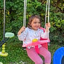 casual, child, daylight, fun, grass, greenery, happy, nature, outdoor, person, pink_pants, play, playground, rope, shoe, smiling, summer, swing, white_top, young