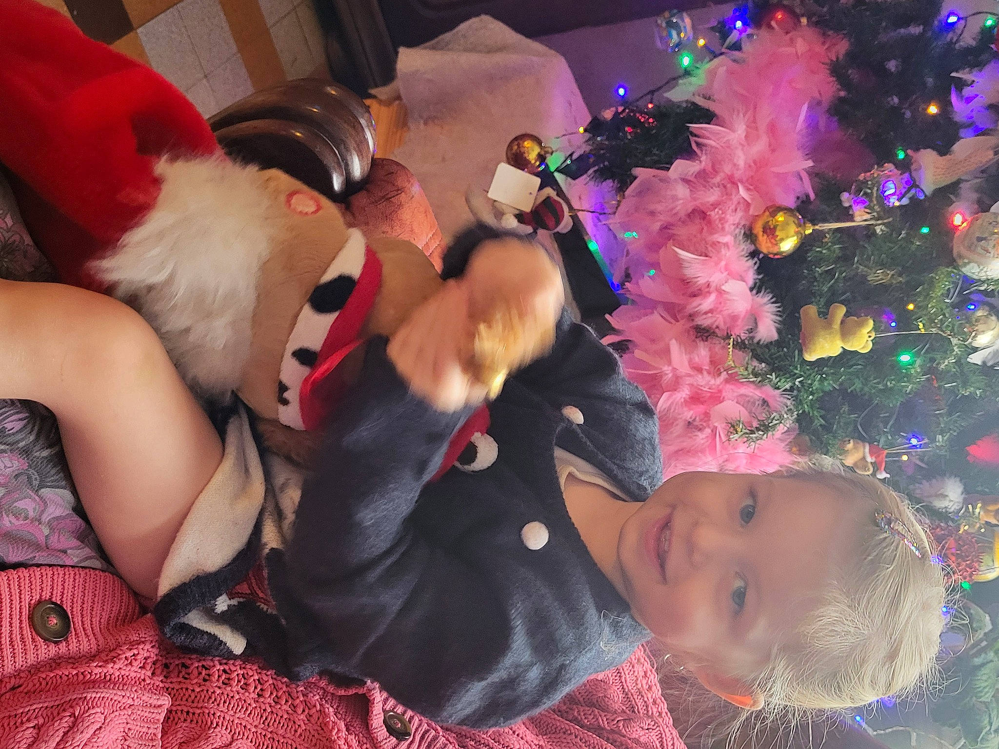 Candice participe au concours pour gagner de l'argent avec cette photo : christmas, christmas_eve, christmas_ornament, christmas_tree, event, fun, fur, happy, hat, holiday, interaction, joy, lap, magenta, ornament, person, pink, purple, stuffed_toy, textile