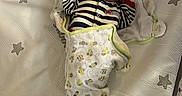 Julian is registered to the contest to win money with this photo: newborn, baby, sleeping, crib, swaddle, hat, striped_clothing, bee_pattern, mattress, stars, infant, cozy, bedtime, child, rest, cute, small, peaceful, indoors, blanket