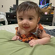 Willow is registered to the contest to win money with this photo: baby, infant, child, face, smile, eyes, hair, blanket, bed, dressing_table, mirror, room, furniture, home, curious, clothing, skin, hand, lying, indoors
