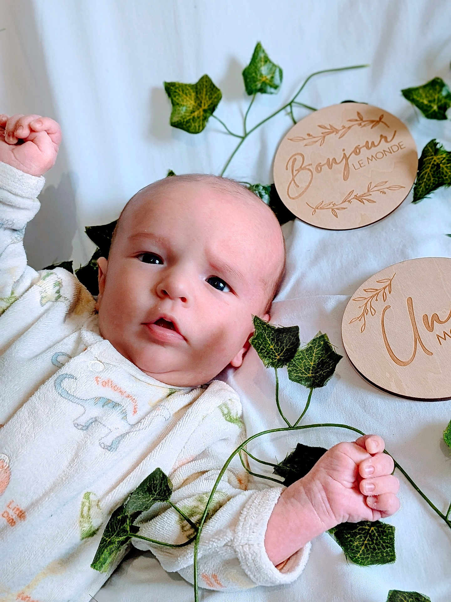 Louka a rejoint le concours — aidez-le/la à gagner de superbes lots ! baby, infant, newborn, face, eyes, hands, leafy_vines, wooden_disc, bonjour_text, onesie, blanket, lying_down, portrait, close_up, props, cute, awake, skin, indoor, milestone