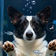 Cooper joined the competition — help win amazing prizes! animal, aquarium, aquatic, black_and_white, bubbles, close_up, corgi, curious, cute, dog, face, fish, glass, mammal, paws, pet, playful, small_fish, underwater, water