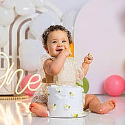 Kianna Rivera Lazzu joined the competition — help win amazing prizes! baby, birthday, cake, celebration, child, smiling, balloon, party, dress, floor, happy, face, hands, decorations, one, neon_sign, foot, cute, indoor, photography