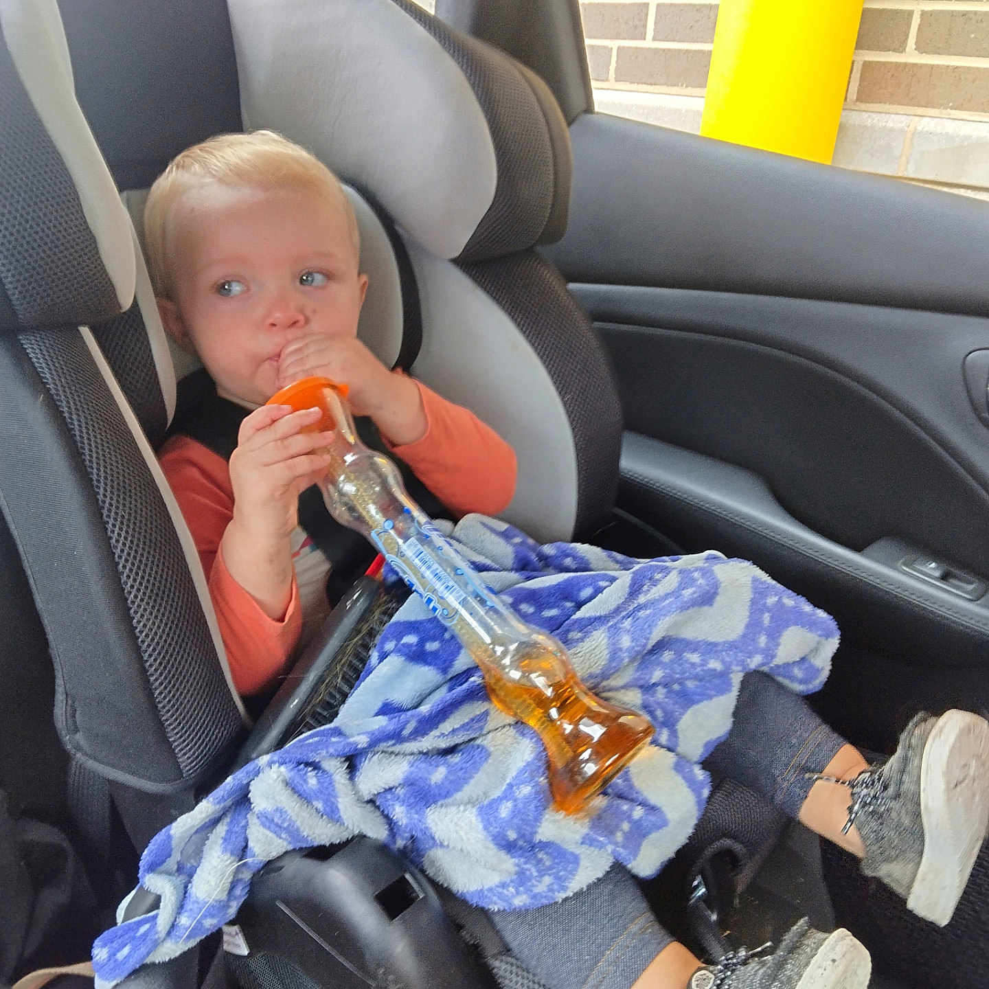 Maylee is registered to the contest to win money with this photo: black, blanket, blue, brick_wall, car_interior, car_seat, casual, child, clothing, drink_container, gray, indoor, orange, person, seatbelt, shoes, toddler, vehicle, window, yellow