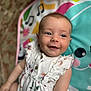 baby, smiling, child, infant, play_mat, colorful, cute, portrait, young_child, happy, clothing, dress, patterned, sitting, indoors, face, skin, head, eyes, expression