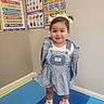toddler, child, girl, smiling, standing, dress, denim_jacket, pink_shoes, bows, blue_mat, educational_posters, days_of_the_week, shapes, farm_animals, indoor, wall, corner, happy, person, learning