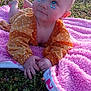 baby, blanket, butterfly_stickers, child, curious, cute, face, feet, field, grass, hands, infant, nature, outdoor, pink_blanket, portrait, smiling, sunlight, yellow_outfit, young