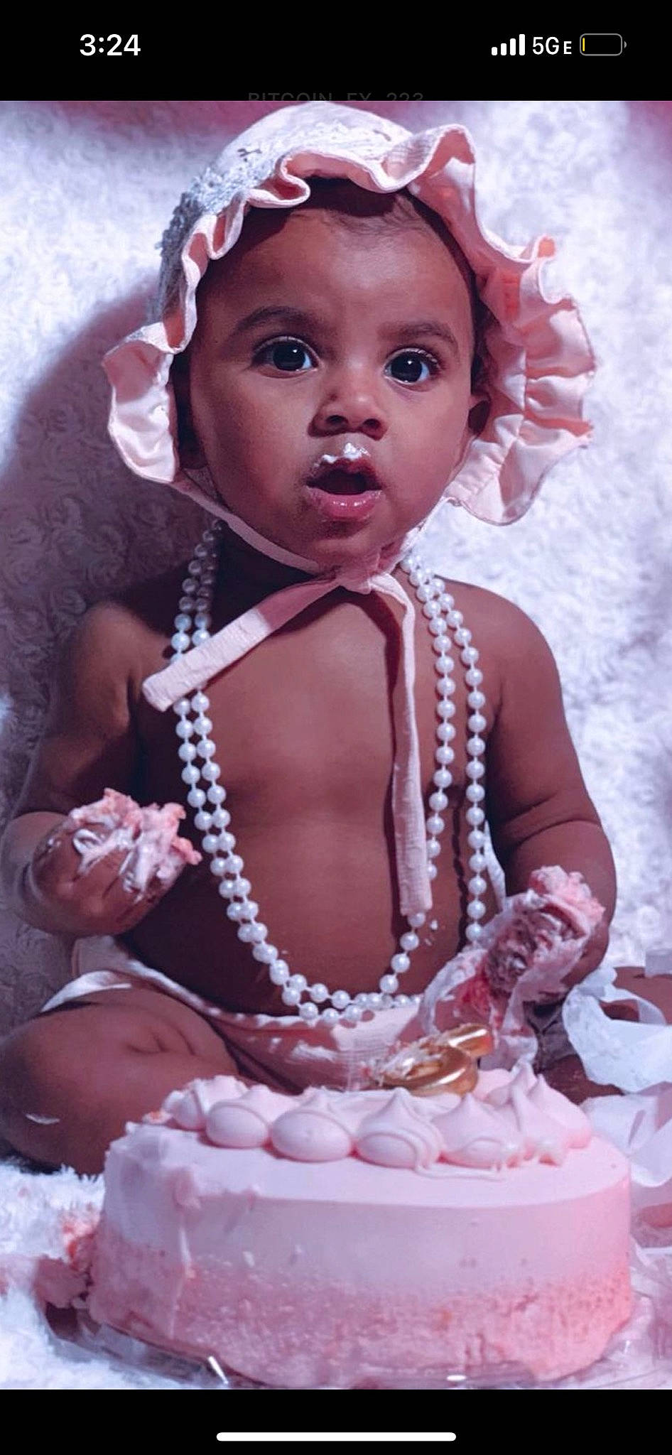 Analia is registered to the contest to win money with this photo: baby, baby_toddler_clothing, cheek, chest, child, day_dress, dress, event, eyelash, fashion_design, happy, headpiece, iris, jewellery, lip, necklace, person, pink, skin, surprise