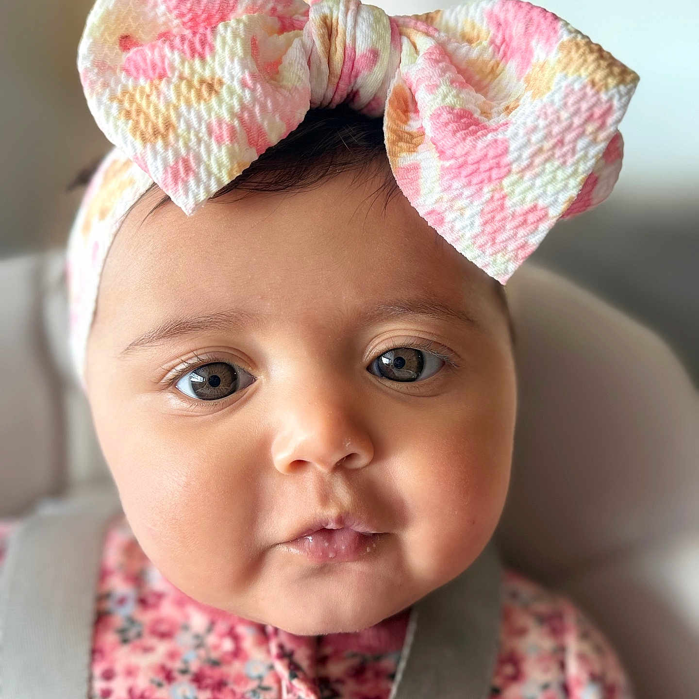 Kinslee Mae is registered to the contest to win money with this photo: adorable, baby, big_bow, bokeh, bow, chubby_cheeks, close_up, eyelashes, eyes, face, floral, headband, highchair, indoor, infant, neutral_background, onesie, pink, portrait, soft_lighting