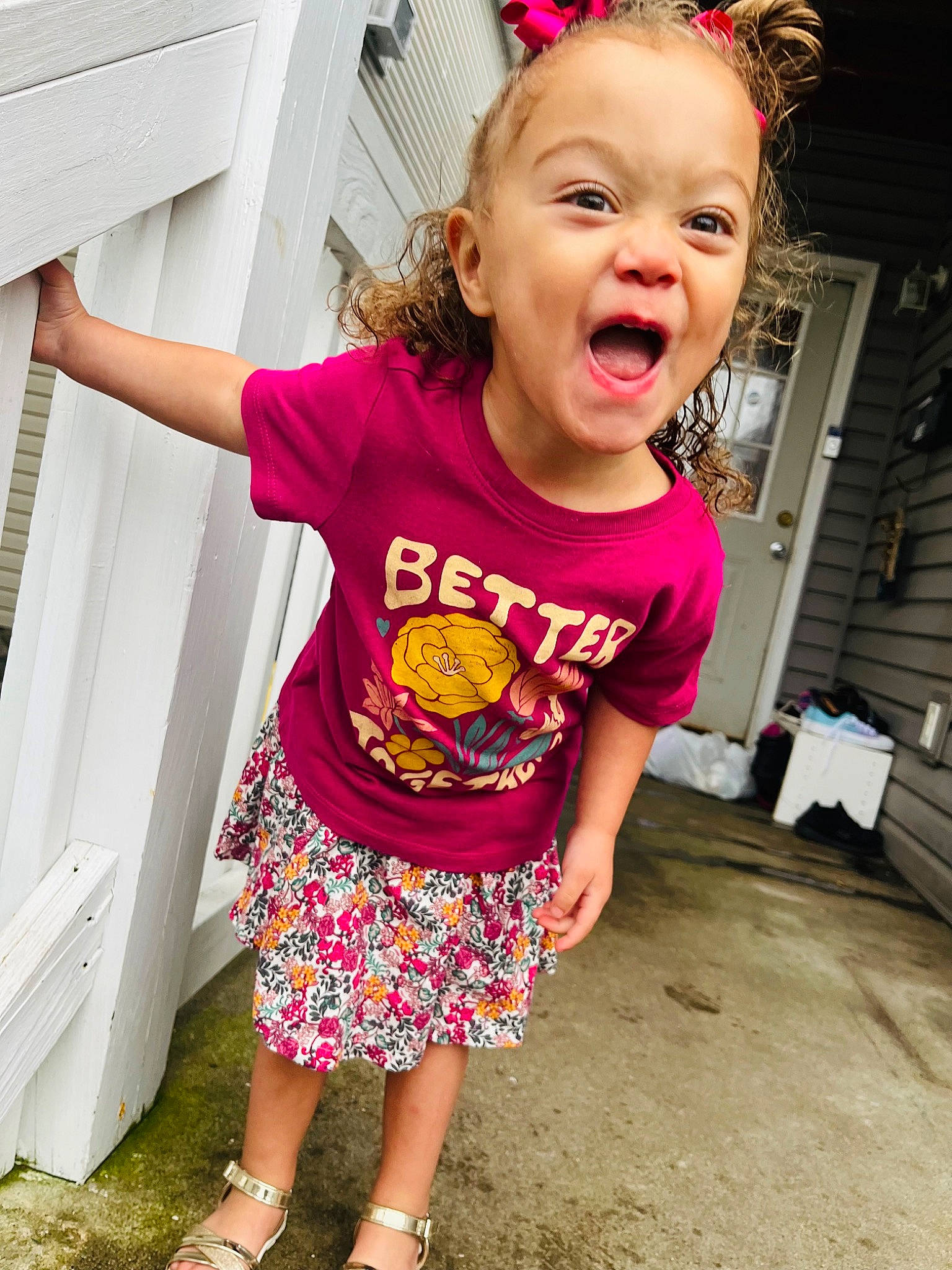 Blakelyn joined the competition — help win amazing prizes! baby_toddler_clothing, chair, child, face, facial_expression, fun, hair, happy, head, leg, magenta, pattern, person, pink, purple, sleeve, smile, standing, t_shirt, toddler