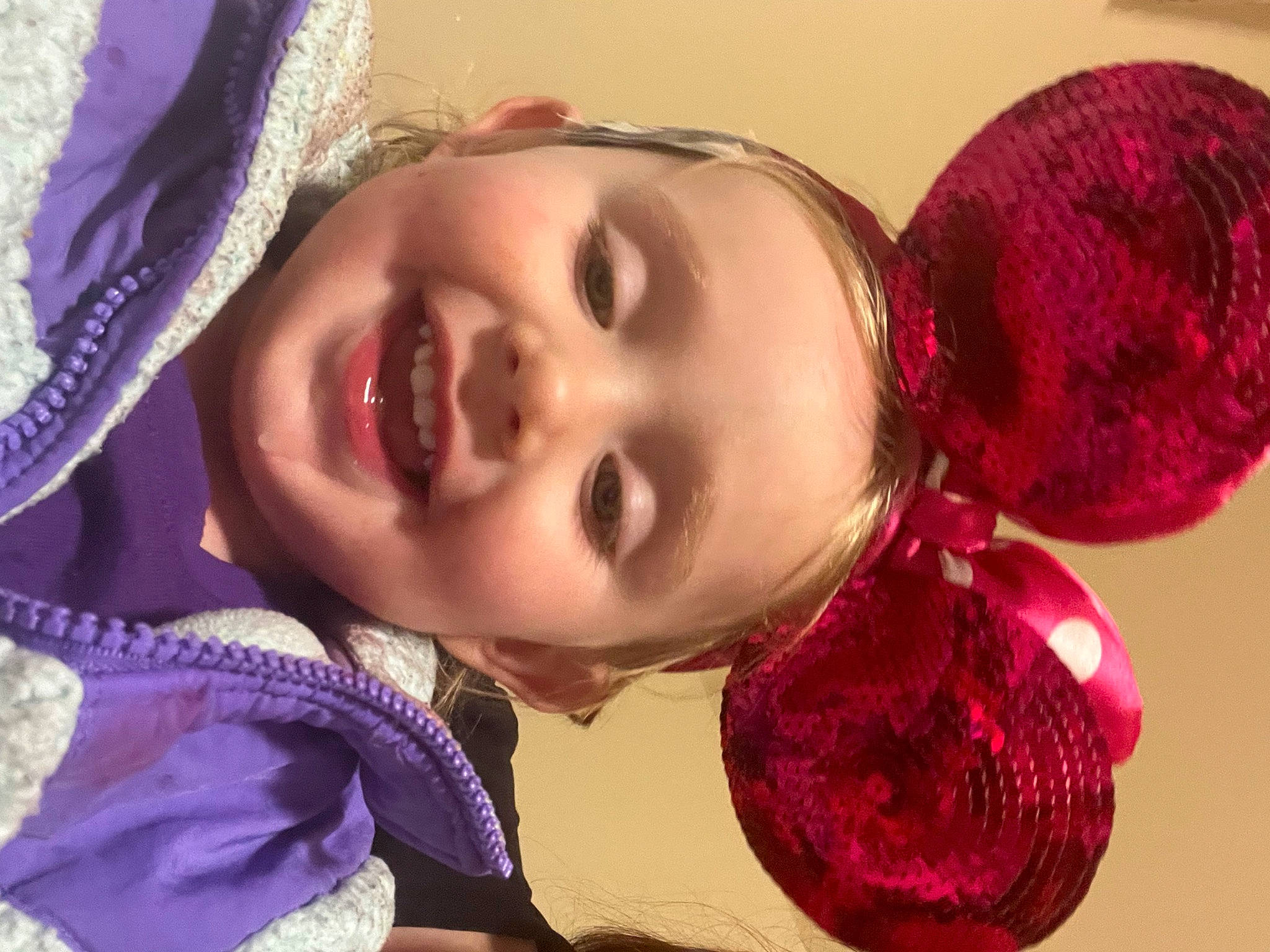 Allia is registered to the contest to win money with this photo: baby, cheek, chin, eye, eyebrow, eyelash, face, facial_expression, happy, head, headgear, iris, joy, lip, mouth, nose, person, pink, purple, skin