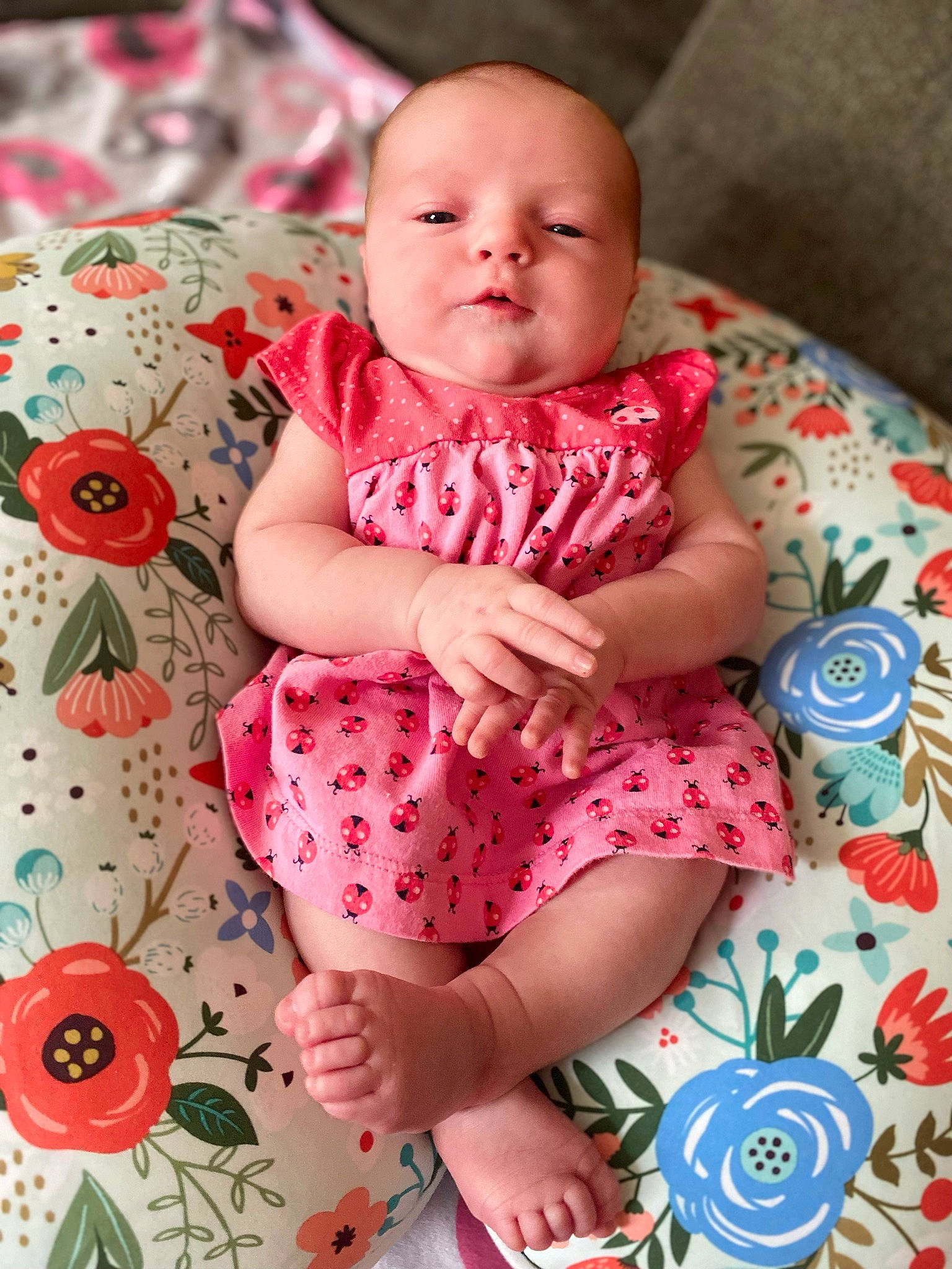 Raelynn Burchett joined the competition — help win amazing prizes! baby, baby_toddler_clothing, comfort, eye, facial_expression, green, hand, happy, head, human_body, mammal, neck, orange, person, pink, product, skin, sleeve, textile, toddler