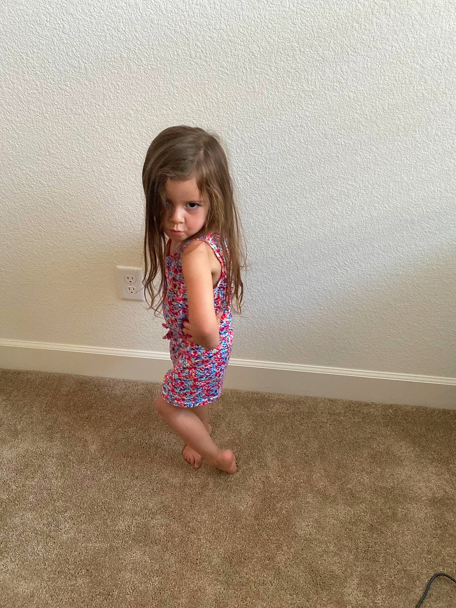 Alysia is registered to the contest to win money with this photo: baby, baby_toddler_clothing, barefoot, blond, child, dress, floor, flooring, foot, fun, hairstyle, hardwood, human_leg, pattern, person, shorts, skin, t_shirt, toddler, waist