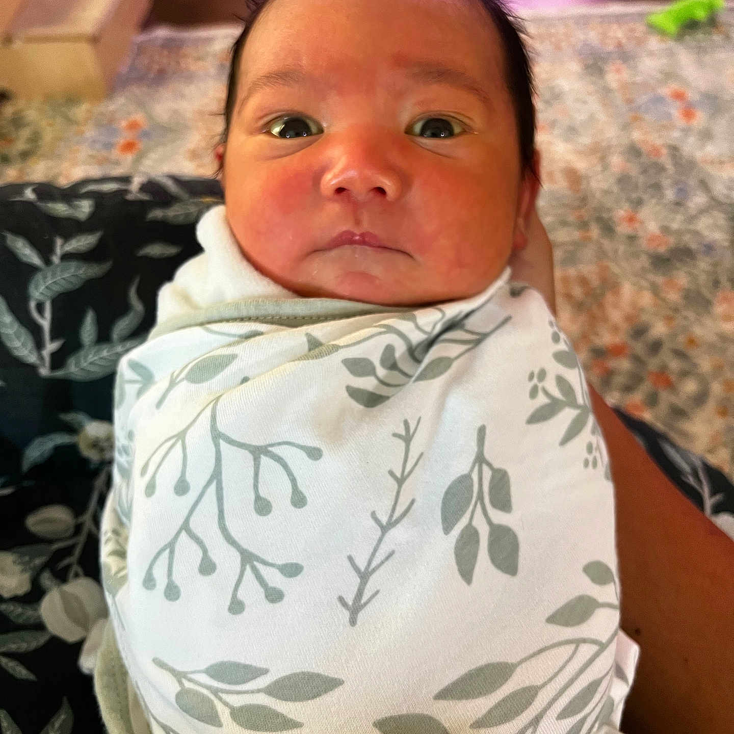 Aemond is registered to the contest to win money with this photo: baby, blanket, carpet, child, clothing, cute, expression, eyes, face, floor, hand, head, indoor, infant, newborn, pattern, person, portrait, skin, swaddled
