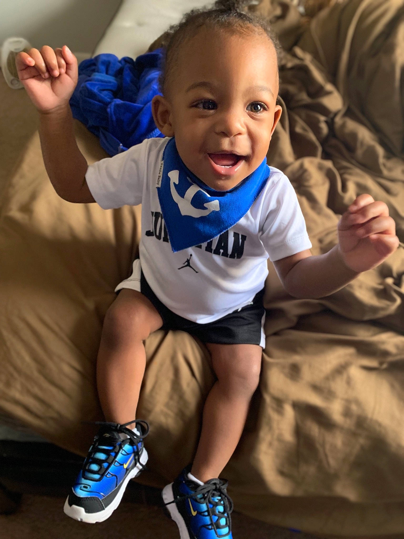 Donte joined the competition — help win amazing prizes! arm, baby, blue, cheek, child, cool, facial_expression, footwear, fun, happy, laugh, leg, muscle, people, person, shoe, skin, smile, t_shirt, toddler