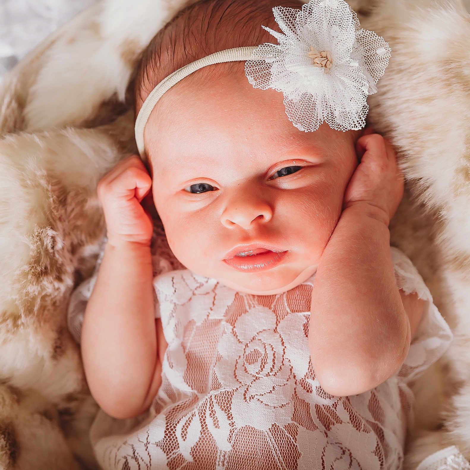 Rosie is registered to the contest to win money with this photo: baby, baby_toddler_clothing, cheek, chin, dress, eye, eyebrow, eyelash, finger, flash_photography, hand, happy, headgear, iris, lip, pink, skin, textile, toddler, white
