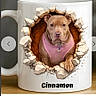 Cinnamon is registered to the contest to win money with this photo: dog, mug, pink_harness, 3d_art, cracked_wall, white_mug, pet, portrait, face, online_shopping, screenshot, text_overlay, button, table, wood_surface, product, commerce, animal, cute, brown_dog