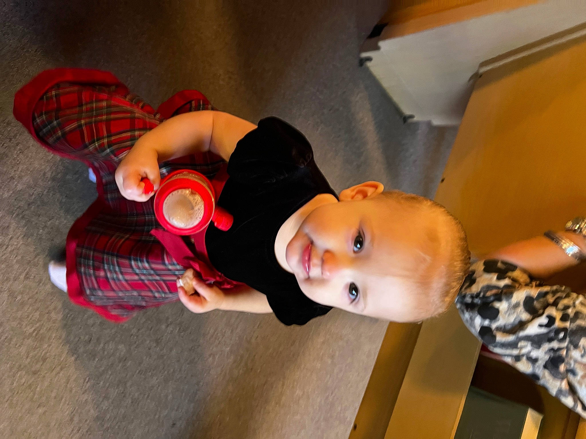 Heavenlee is registered to the contest to win money with this photo: baby, baby_products, baby_toys, carmine, child, doll, eyelash, finger, fun, pattern, person, plaid, room, stuffed_toy, tartan, toddler, toy, wood