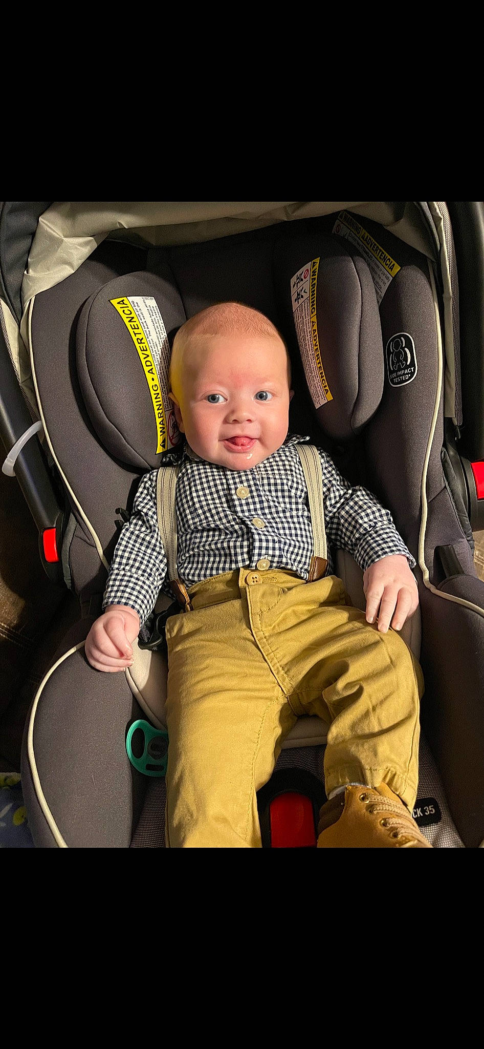 Kase is registered to the contest to win money with this photo: auto_part, automotive_design, baby, baby_carriage, baby_in_car_seat, car_seat, car_seat_cover, child, comfort, facial_expression, fun, head_restraint, mode_of_transport, motor_vehicle, person, product, seat_belt, smile, sneakers, toddler
