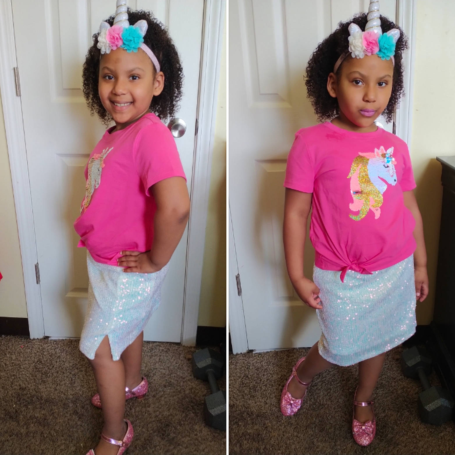 Imani joined the competition — help win amazing prizes! baby_toddler_clothing, child, clothing, costume, embellishment, fashion, headwear, joy, magenta, neck, pattern, person, pink, purple, shoe, shoulder, sleeve, smile, standing, t_shirt