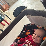 Emy participe au concours pour gagner de l'argent avec cette photo : baby, infant, smiling, stuffed_toy, bear, playpen, blanket, red_clothing, living_room, dog, black_dog, carpet, curtains, window, sunlight, furniture, cozy, indoor, child, happy